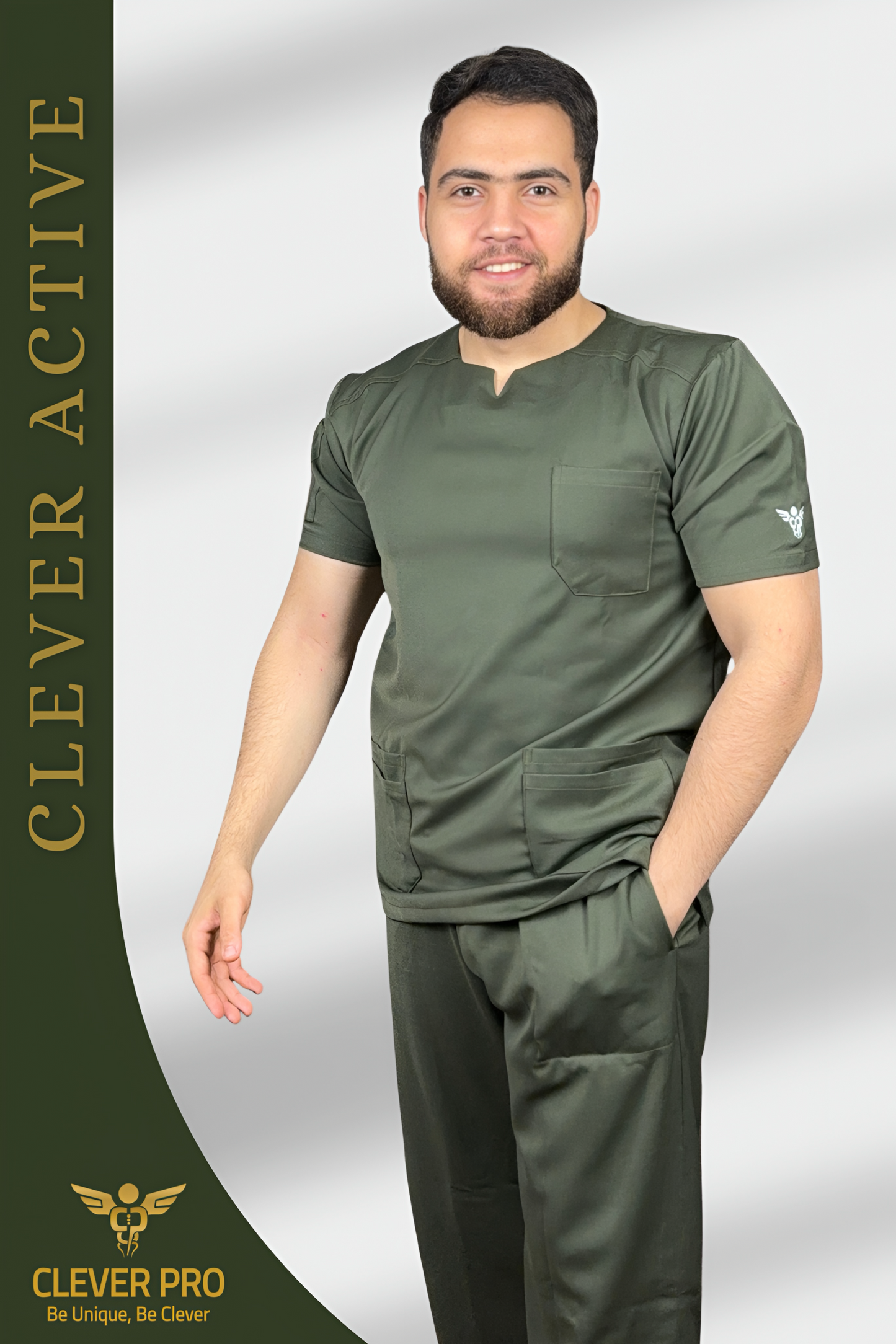 Unisex Clever Active Short-Sleeve Medical Scrub (Round - Cut) – Olive Green