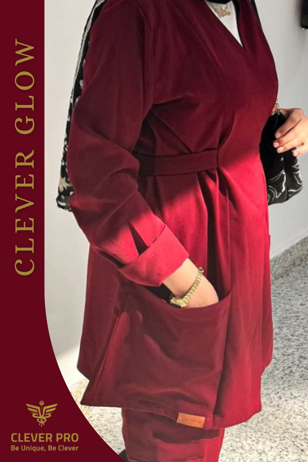 Clever Glow Long-Sleeve Medical Scrub ( Female Cut ) – Burgundy