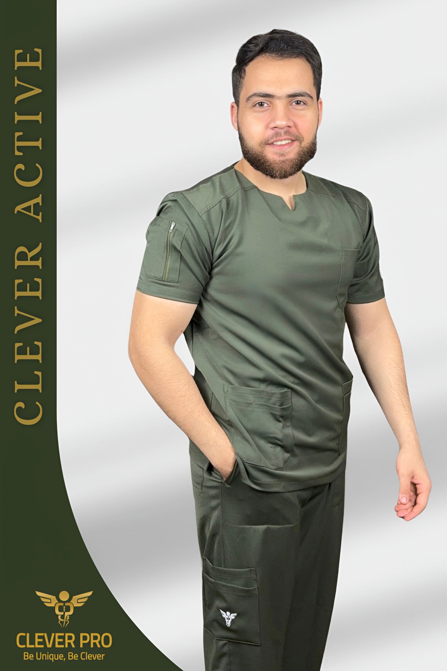 Unisex Clever Active Short-Sleeve Medical Scrub (Round - Cut) – Olive Green