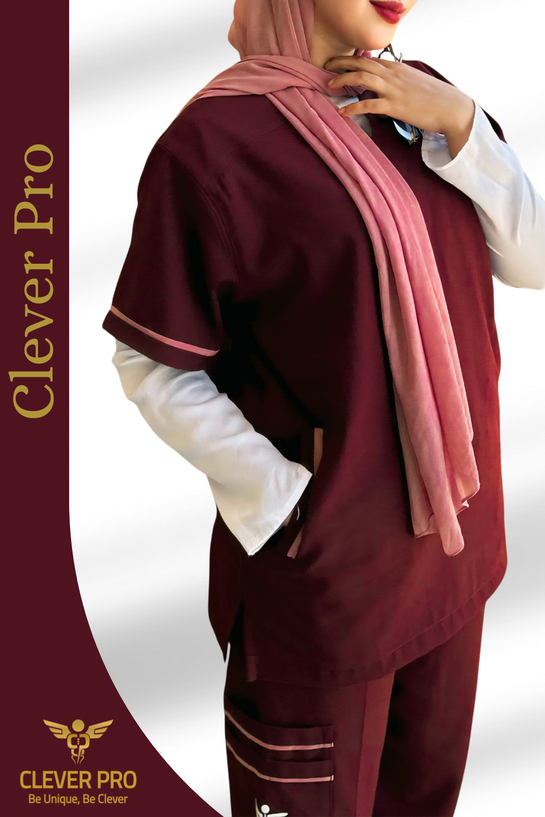 Unisex Clever Pro Short-Sleeve Medical Scrub (V-Cut) – Burgundy