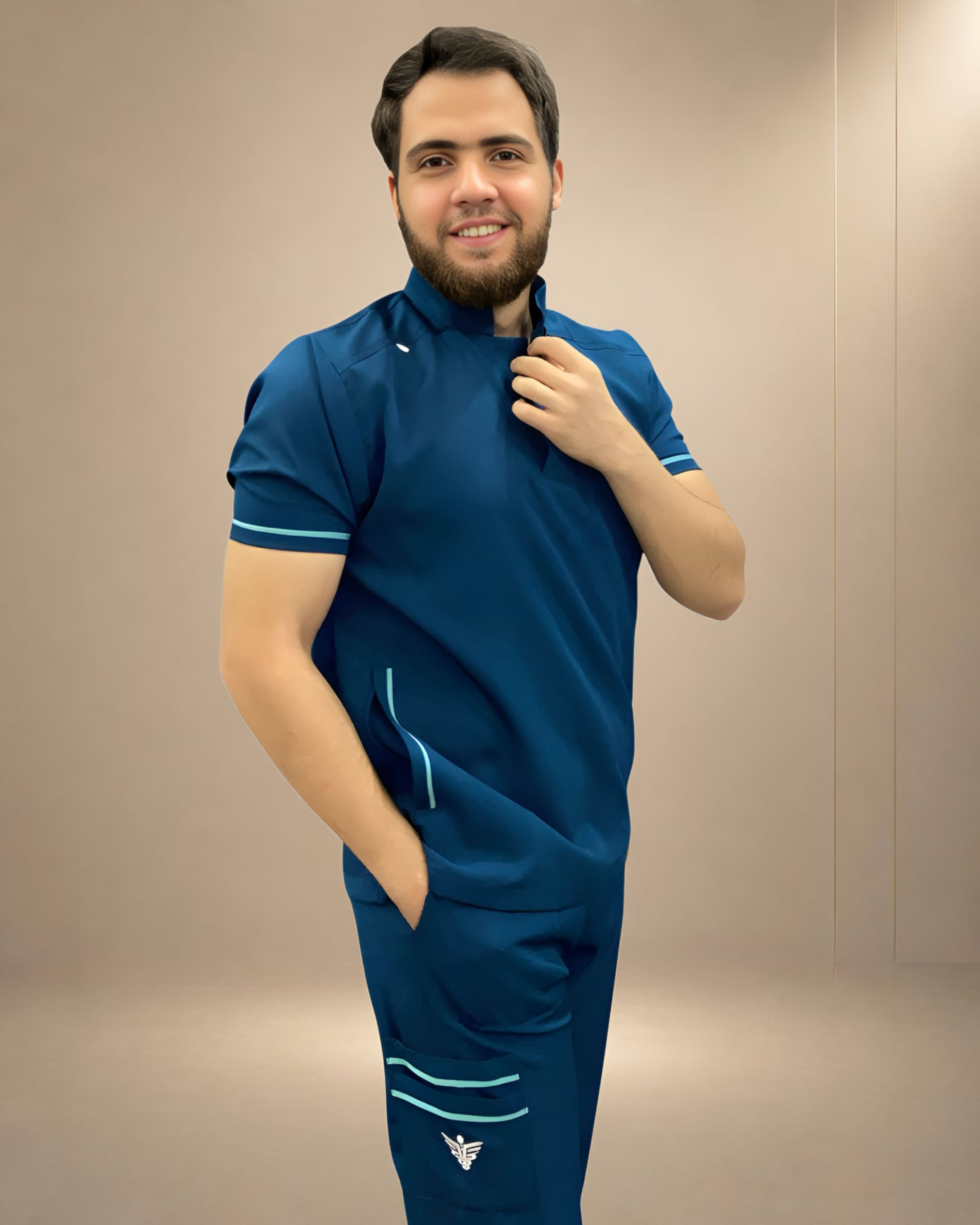 Unisex Clever Pro Short-Sleeve Medical Scrub (Half collar) – Petrol Blue
