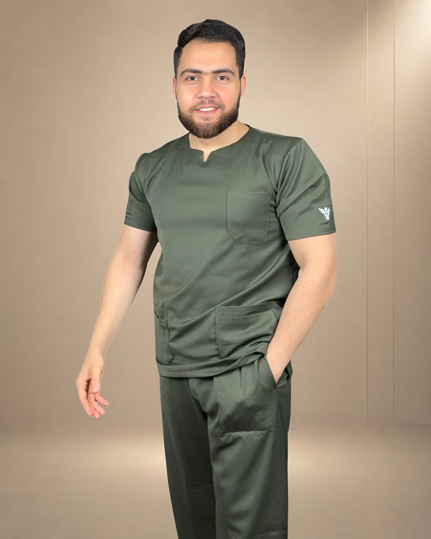 Unisex Clever Active Short-Sleeve Medical Scrub (Round - Cut) – Olive Green