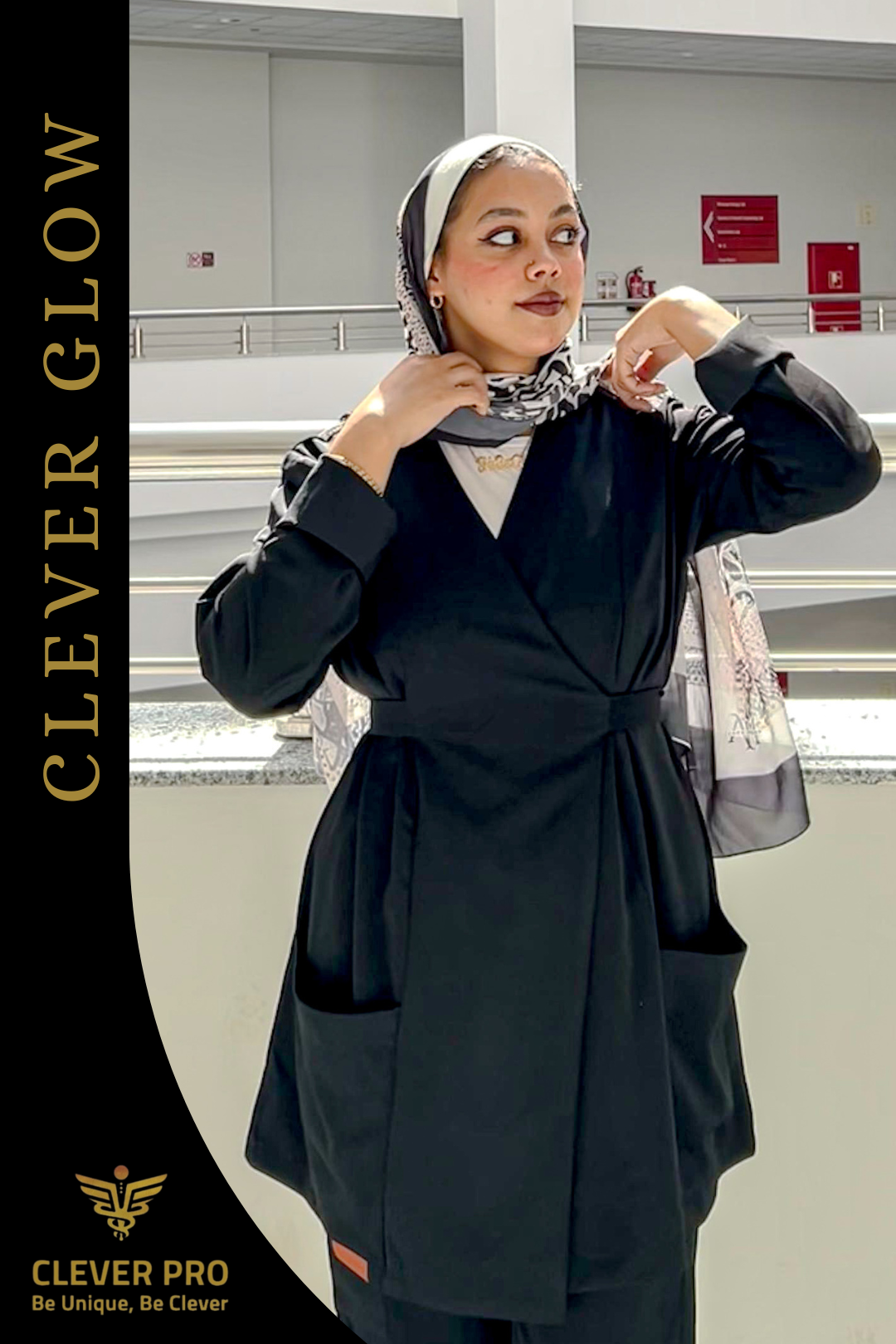 Clever Glow Long-Sleeve Medical Scrub ( Female Cut ) – Black