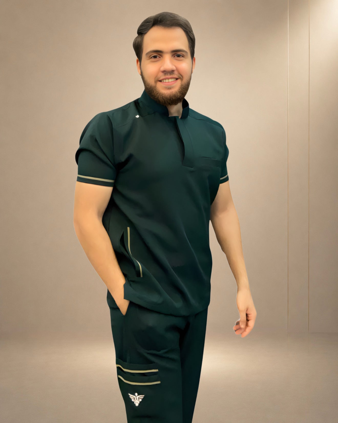 Unisex Clever Pro Short-Sleeve Medical Scrub (Half collar) – Emerald Green