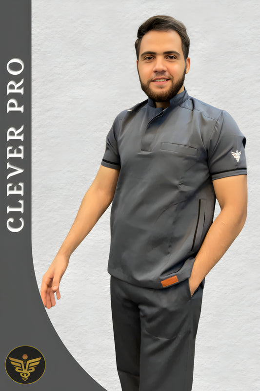 Unisex Clever Pro Short-Sleeve Medical Scrub (Half Collar) – Dark Gray