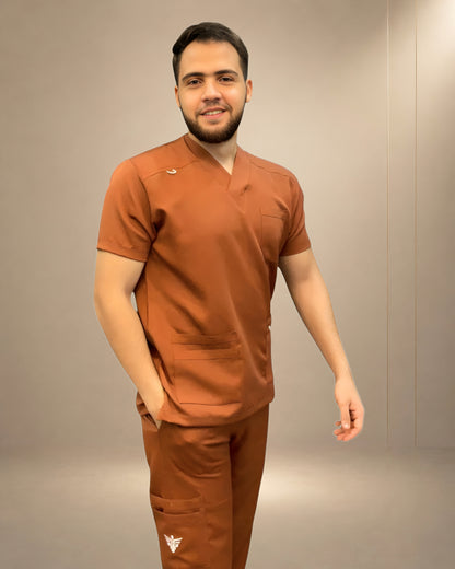 Unisex Clever Classic Short-Sleeve Medical Scrub (V-Cut) – Rust Brown