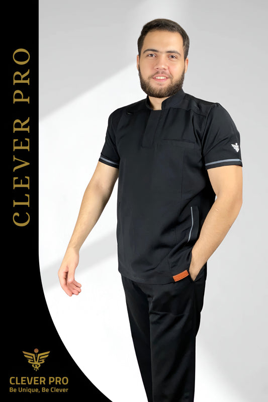 Unisex Clever Pro Short-Sleeve Medical Scrub (Half collar) – Black