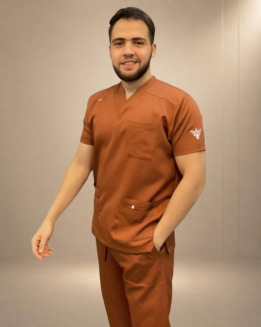 Unisex Clever Classic Short-Sleeve Medical Scrub (V-Cut) – Rust Brown